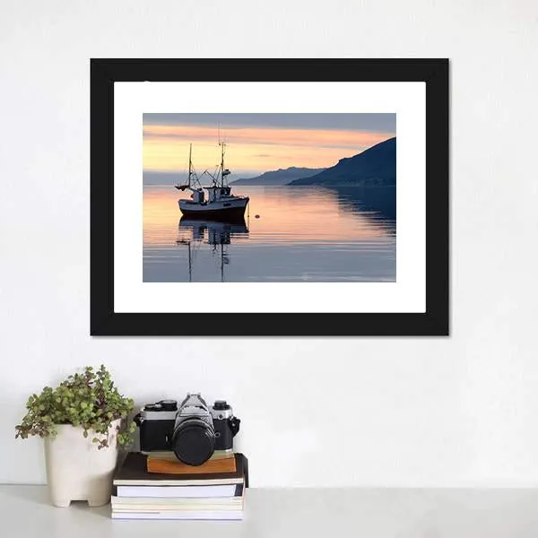 Fishing Boat Lies At Sundown Canvas Wall Art