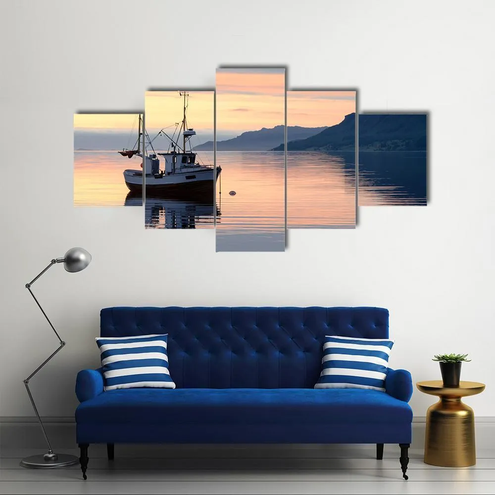 Fishing Boat Lies At Sundown Canvas Wall Art