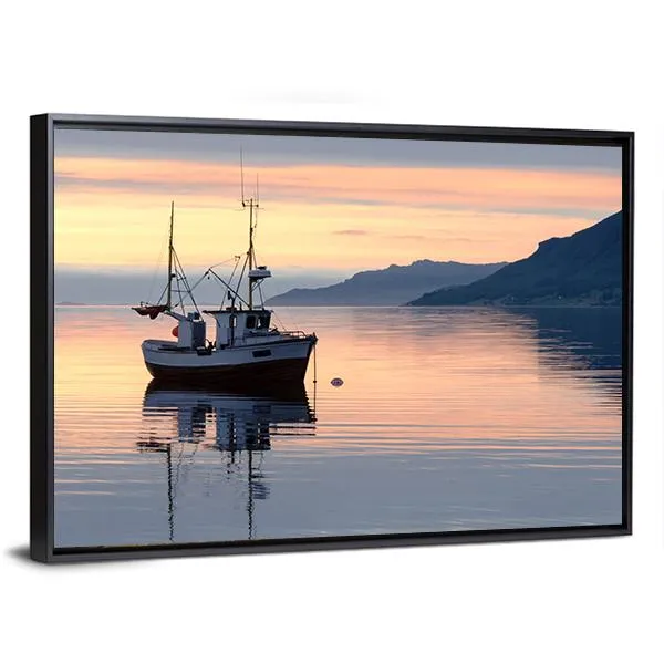 Fishing Boat Lies At Sundown Canvas Wall Art