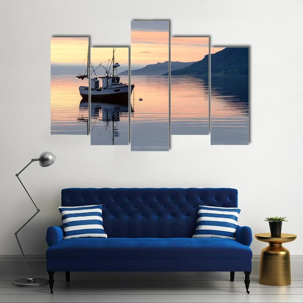 Fishing Boat Lies At Sundown Canvas Wall Art