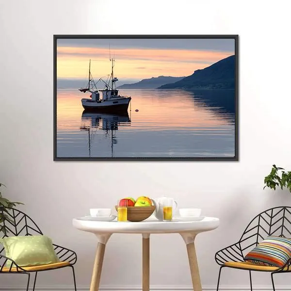 Fishing Boat Lies At Sundown Canvas Wall Art