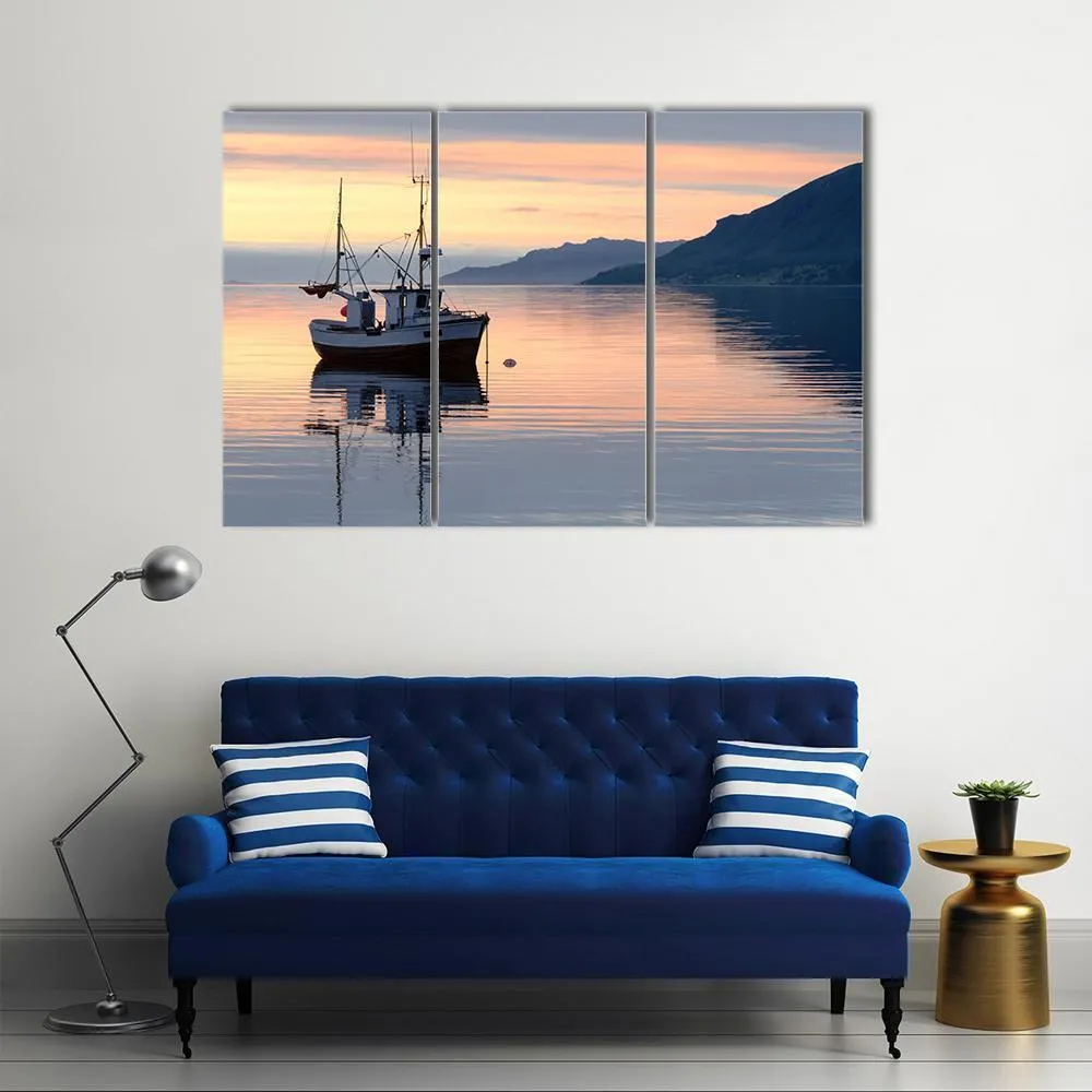 Fishing Boat Lies At Sundown Canvas Wall Art