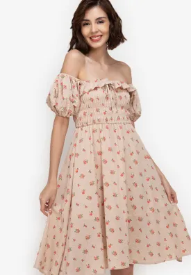 Floral Print Shirred Off Shoulder Mini Dress