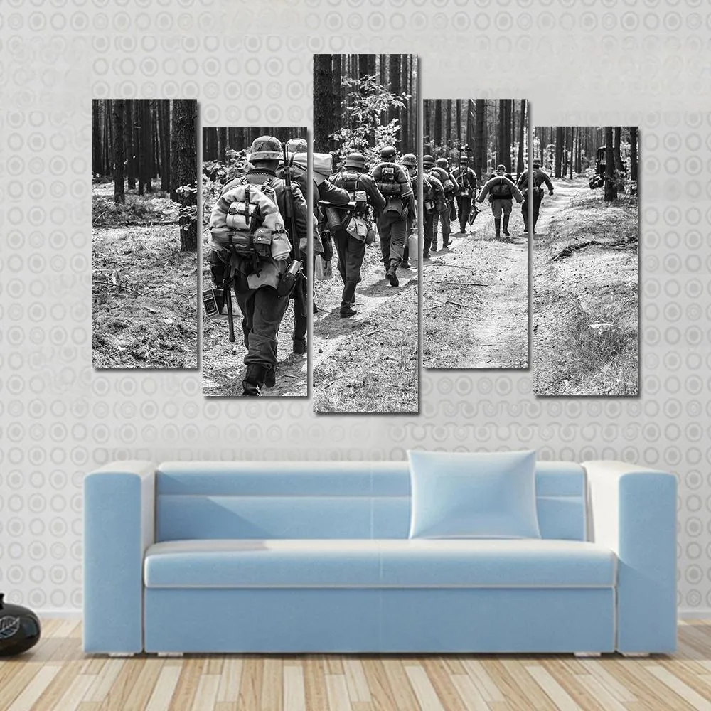 German Soldiers Walks On Forest Road Canvas Wall Art