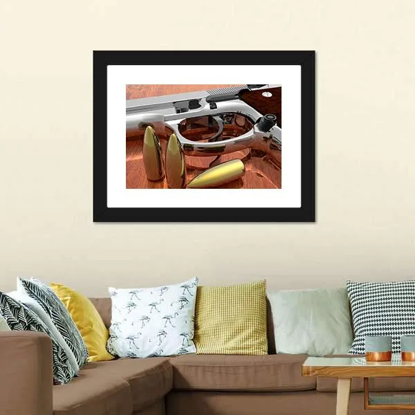 Gun With Bullets On Table Canvas Wall Art