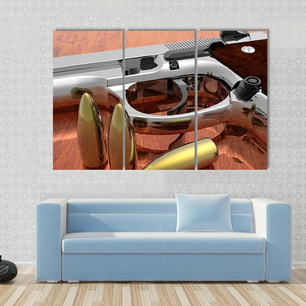 Gun With Bullets On Table Canvas Wall Art