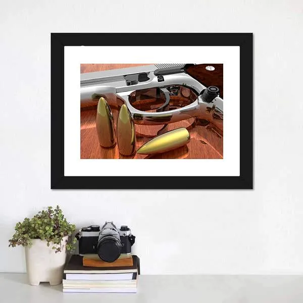 Gun With Bullets On Table Canvas Wall Art