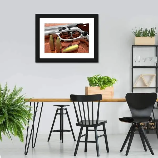 Gun With Bullets On Table Canvas Wall Art