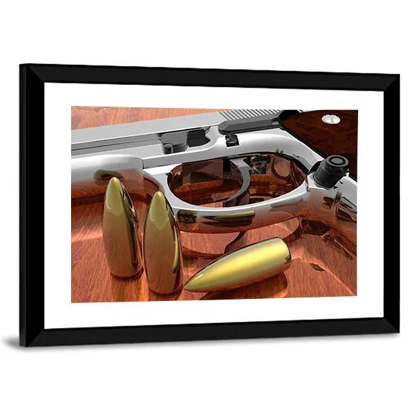 Gun With Bullets On Table Canvas Wall Art