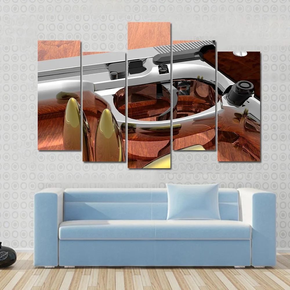 Gun With Bullets On Table Canvas Wall Art