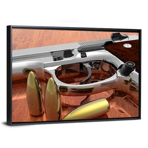 Gun With Bullets On Table Canvas Wall Art