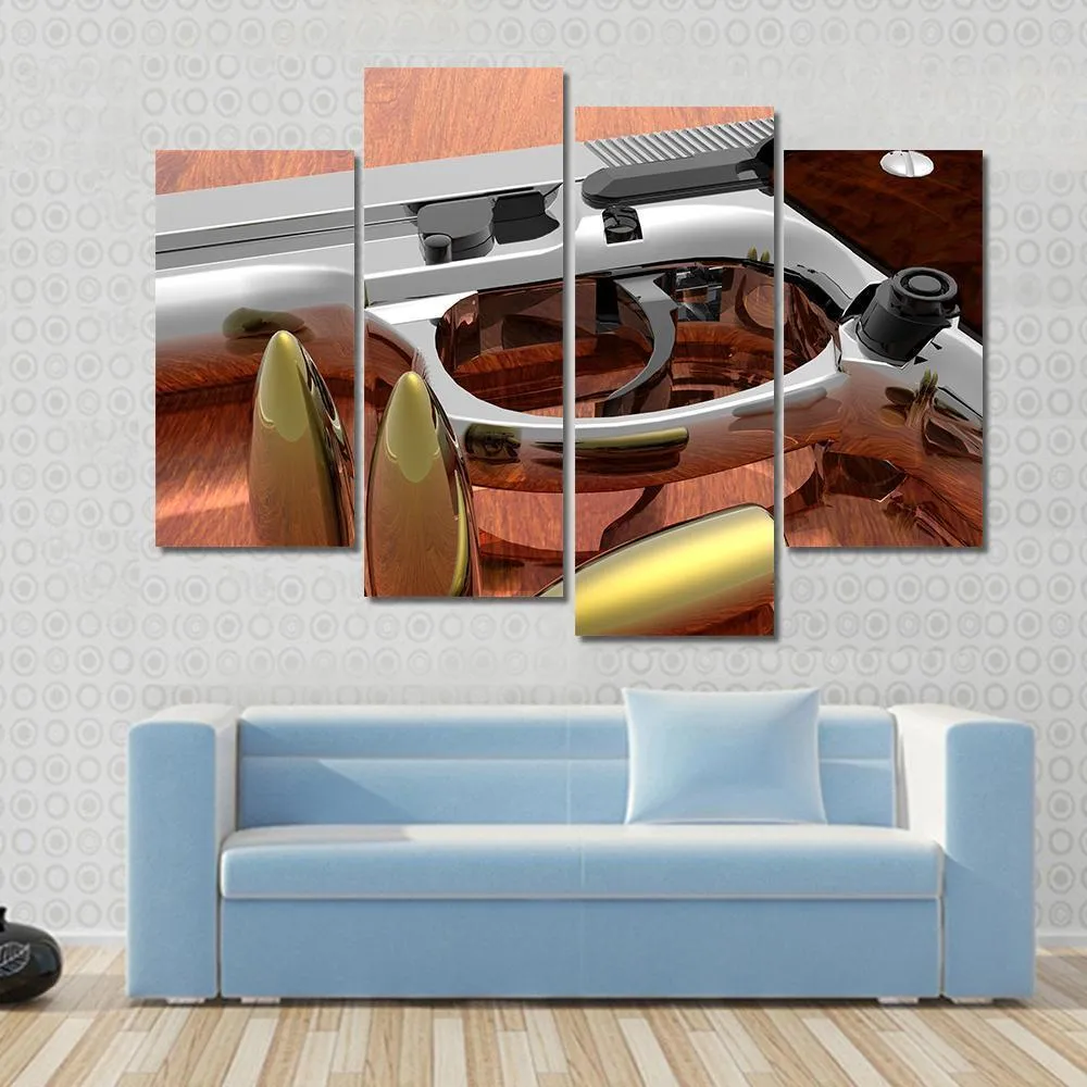 Gun With Bullets On Table Canvas Wall Art