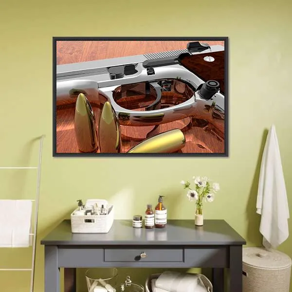 Gun With Bullets On Table Canvas Wall Art