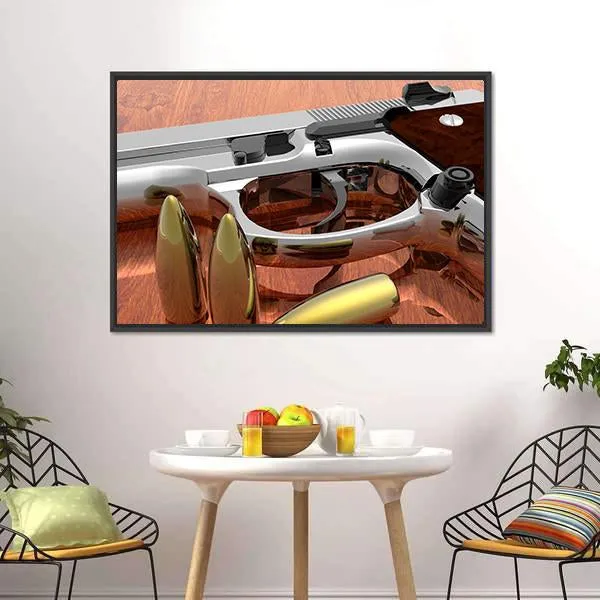 Gun With Bullets On Table Canvas Wall Art