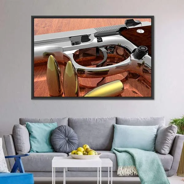 Gun With Bullets On Table Canvas Wall Art