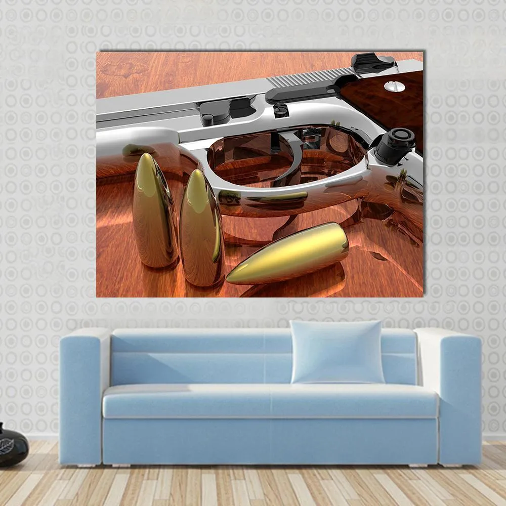 Gun With Bullets On Table Canvas Wall Art