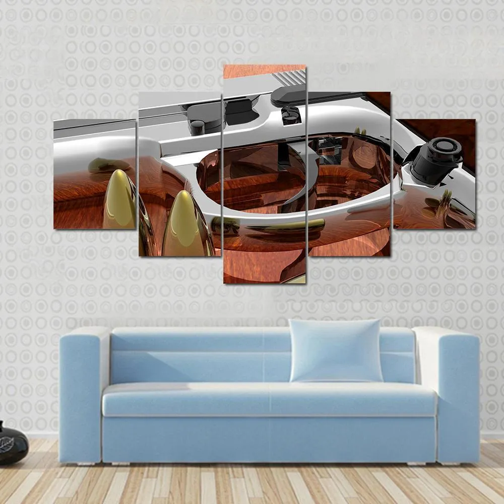 Gun With Bullets On Table Canvas Wall Art