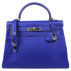 HERMES Kelly 32 Blue Electric Epsom Leather Bag