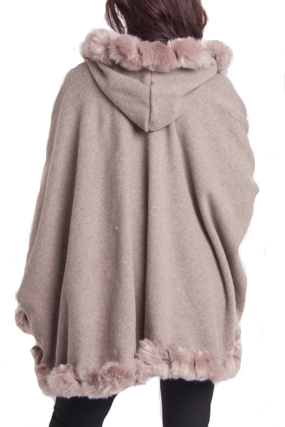 Knitted Soft Faux Fur Trim Poncho with Sleeves