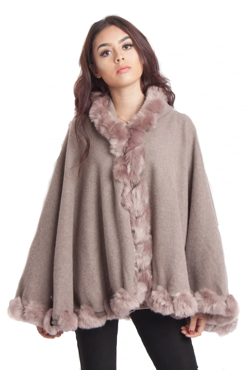 Knitted Soft Faux Fur Trim Poncho with Sleeves