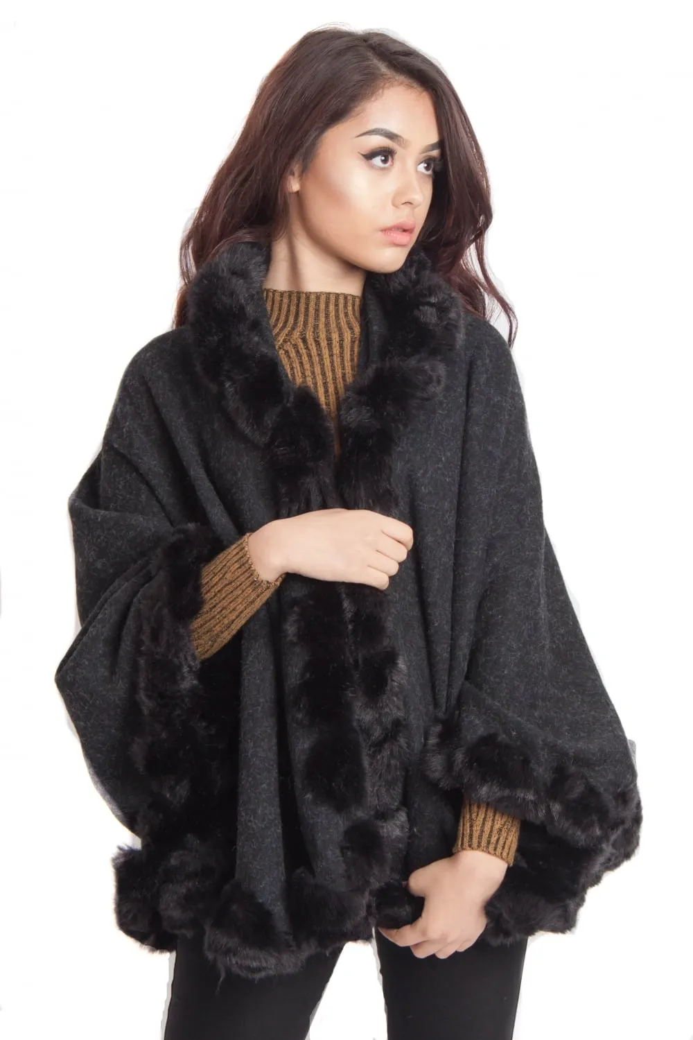 Knitted Soft Faux Fur Trim Poncho with Sleeves