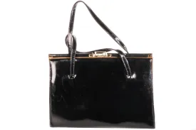 L. Tauman Vintage Black Patent Leather Handbag with Gold Tone Clasp.