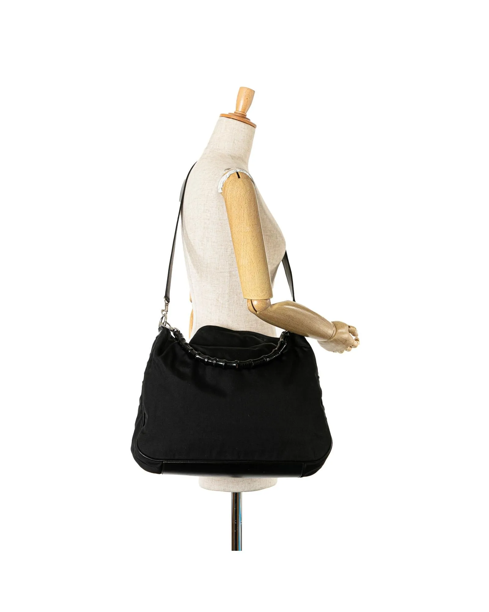 Nylon Satchel with Bamboo Handle and Leather Trim