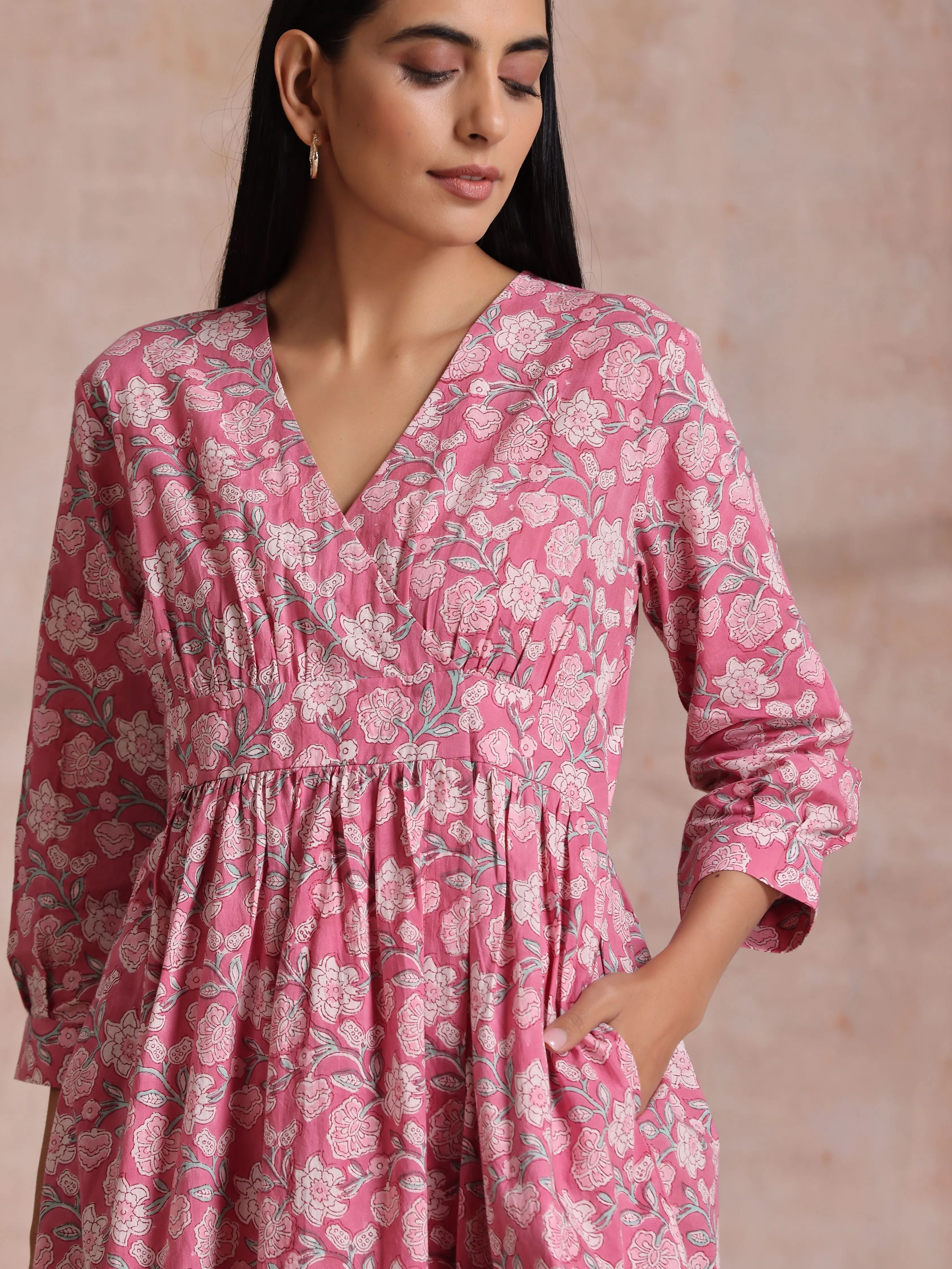 Pink Overall Floral Block Print Cotton Wrap Dress