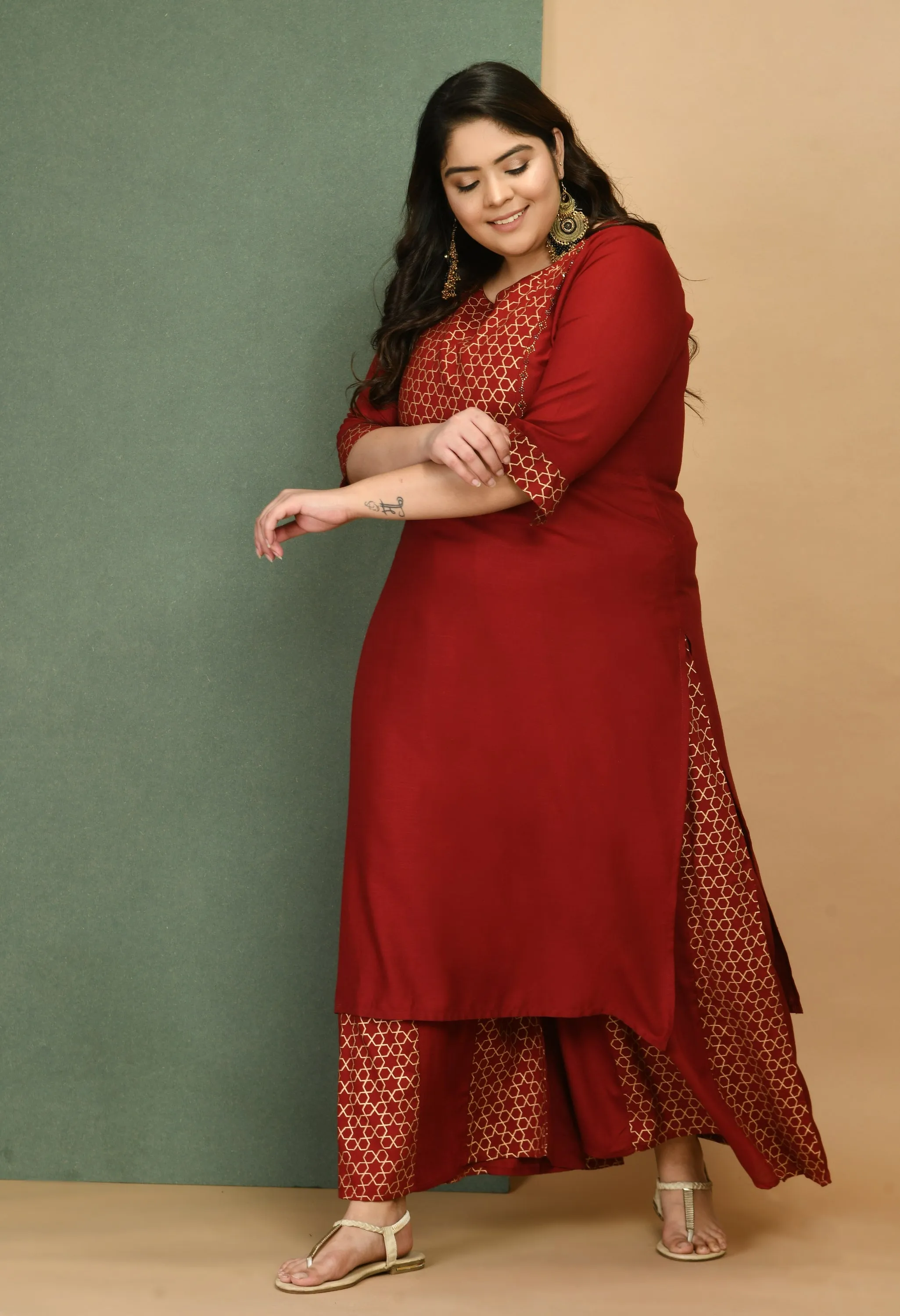 Plus Size Embellished Maroon & Gold Kurta Sharara Set