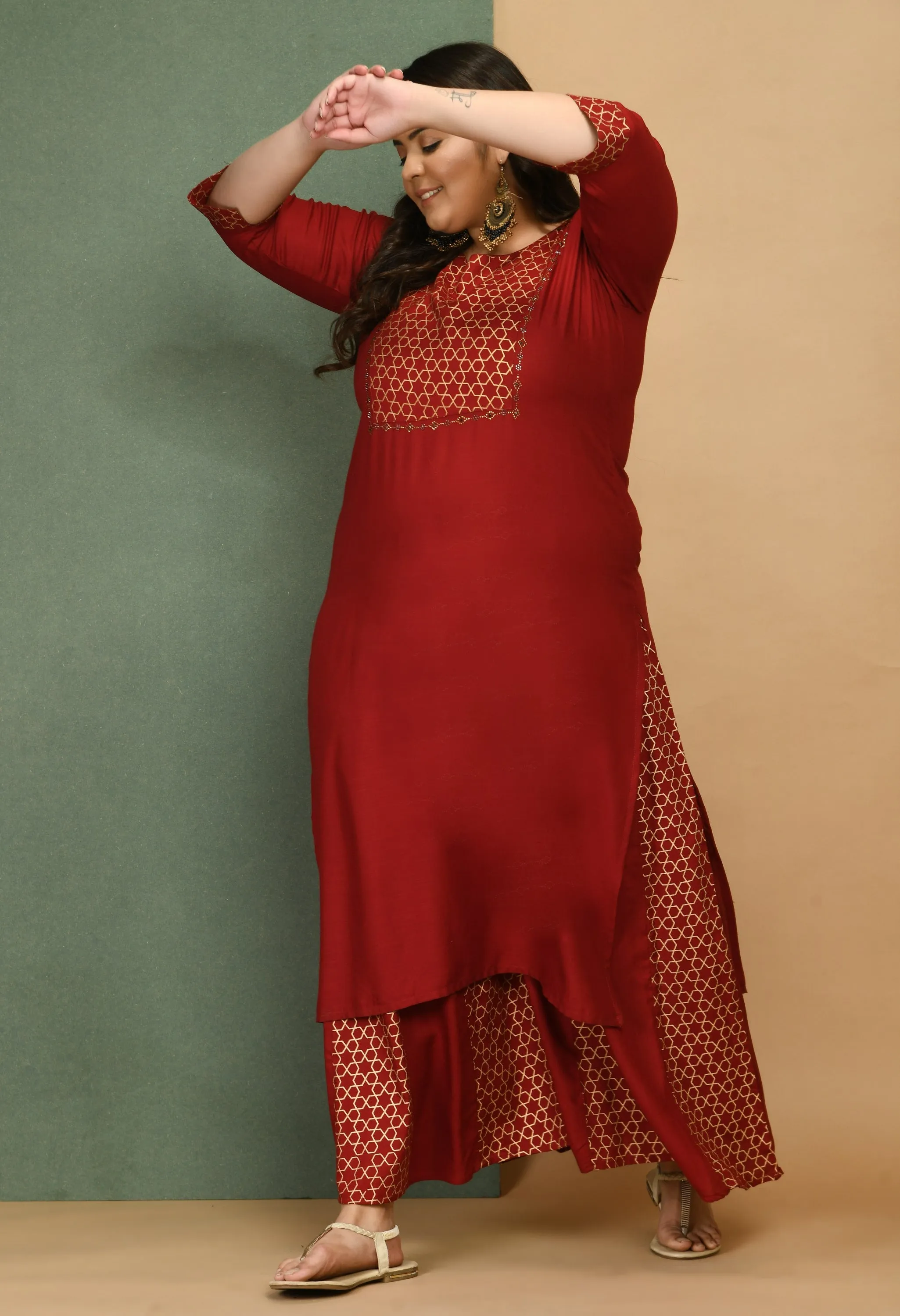 Plus Size Embellished Maroon & Gold Kurta Sharara Set