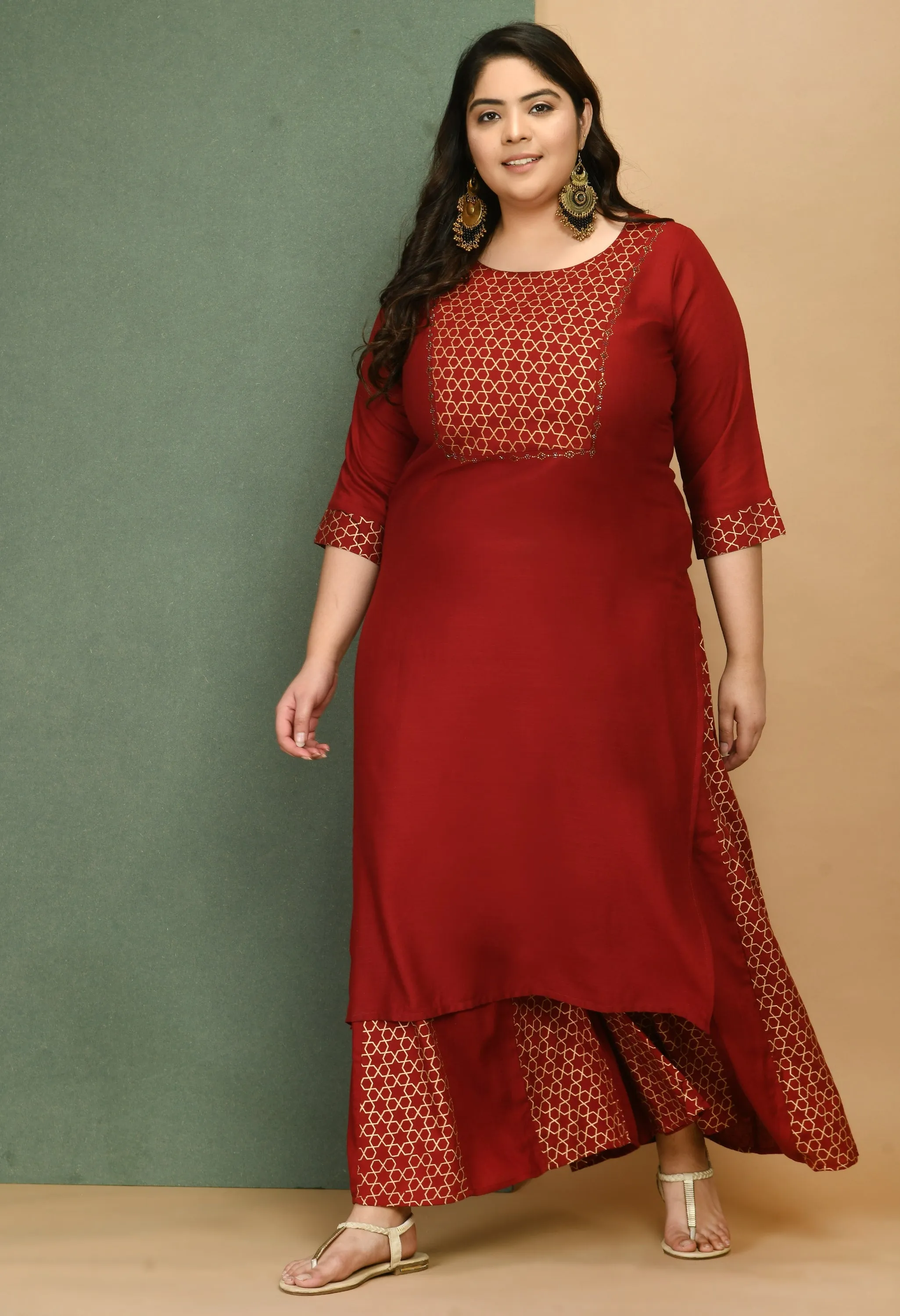 Plus Size Embellished Maroon & Gold Kurta Sharara Set