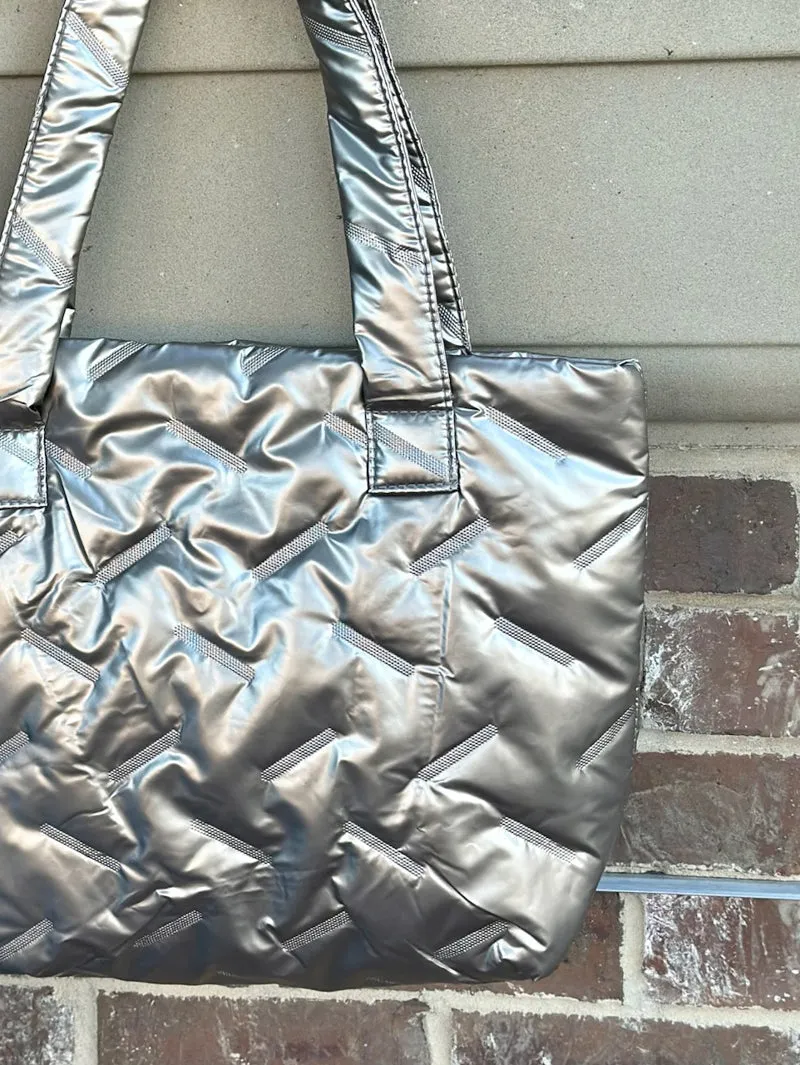 Quilted Elegance Metallic Puffer Tote Bag - Gold