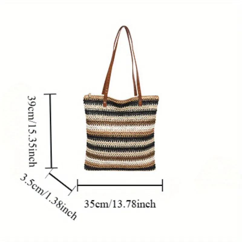 Stylish Stripe Woven Tote Bag - Women's Fashionable Shoulder Bag for Daily Commuting, Casual Outings, and Work - Spacious, Durable, and Easy to Carry