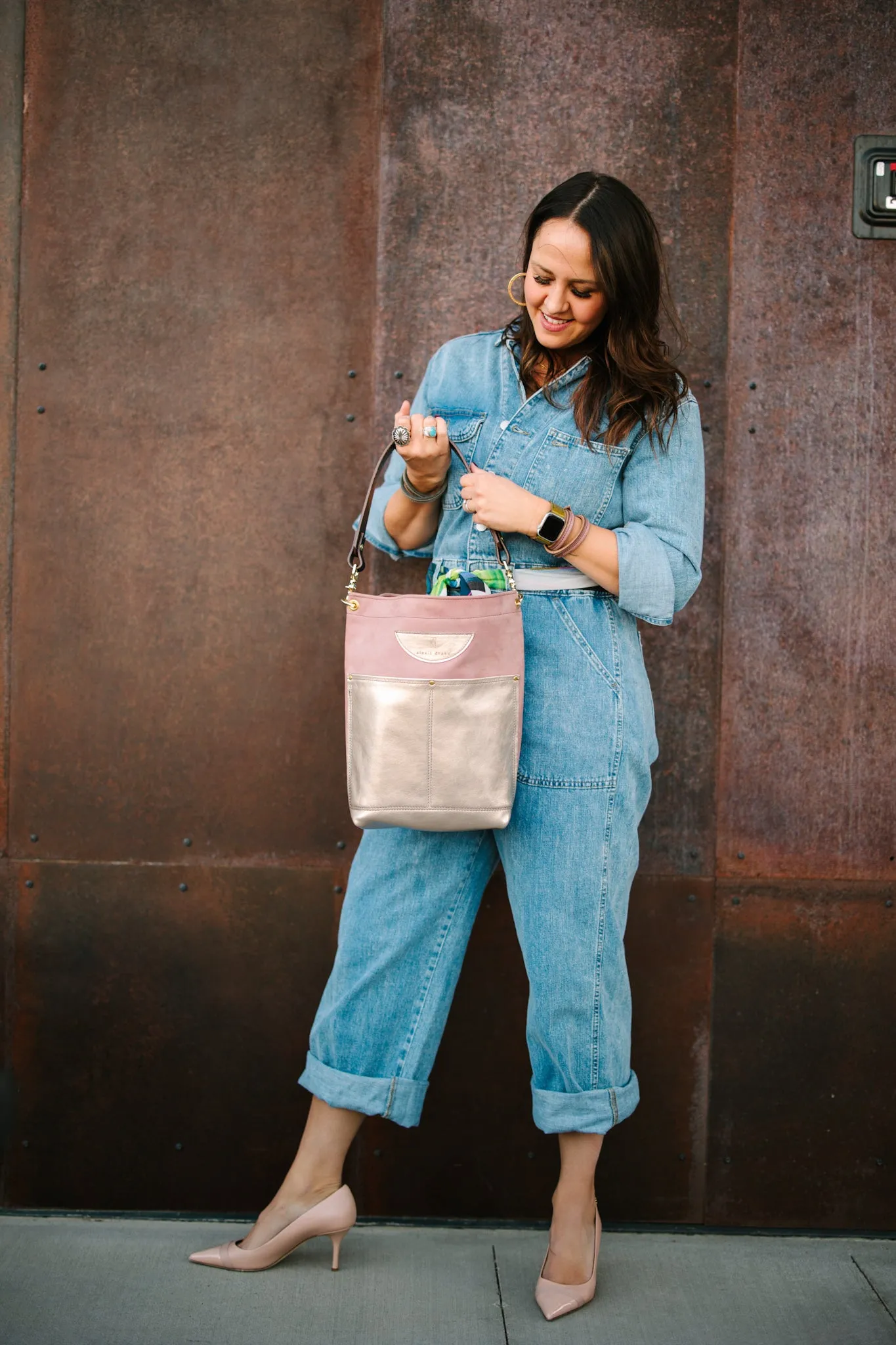 Urban Edge Collection | Train Shoulder Tote   Crossbody | Distressed Pink Jade   Champagne Steel