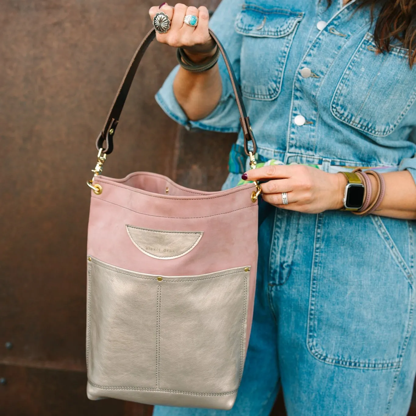 Urban Edge Collection | Train Shoulder Tote   Crossbody | Distressed Pink Jade   Champagne Steel