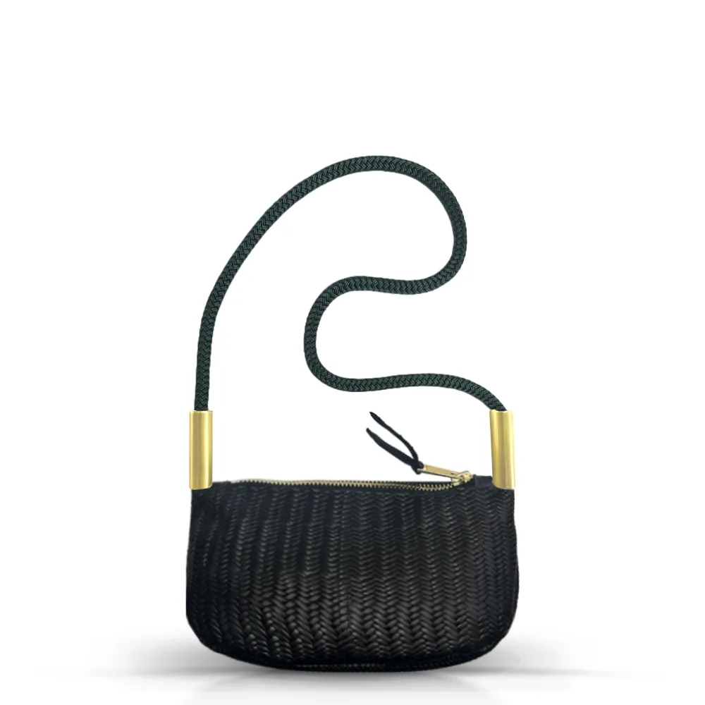 Zip Crossbody in Black Basketweave Leather