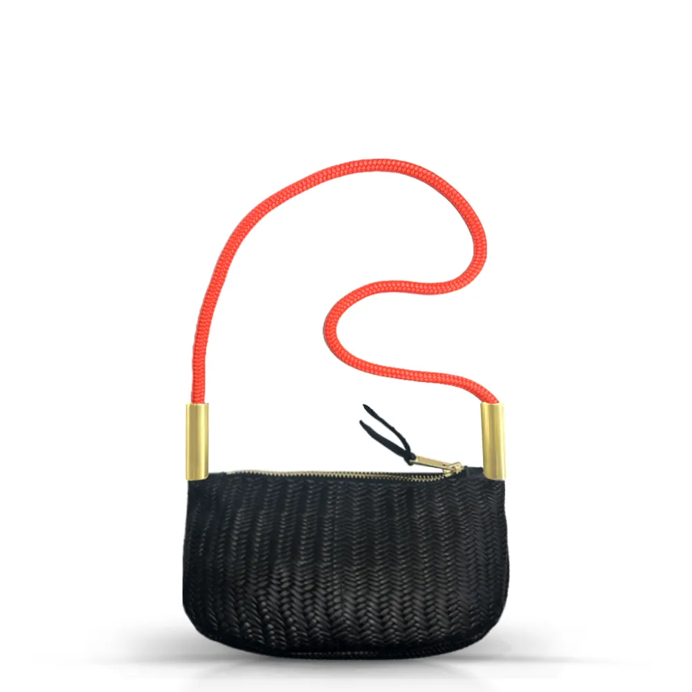 Zip Crossbody in Black Basketweave Leather