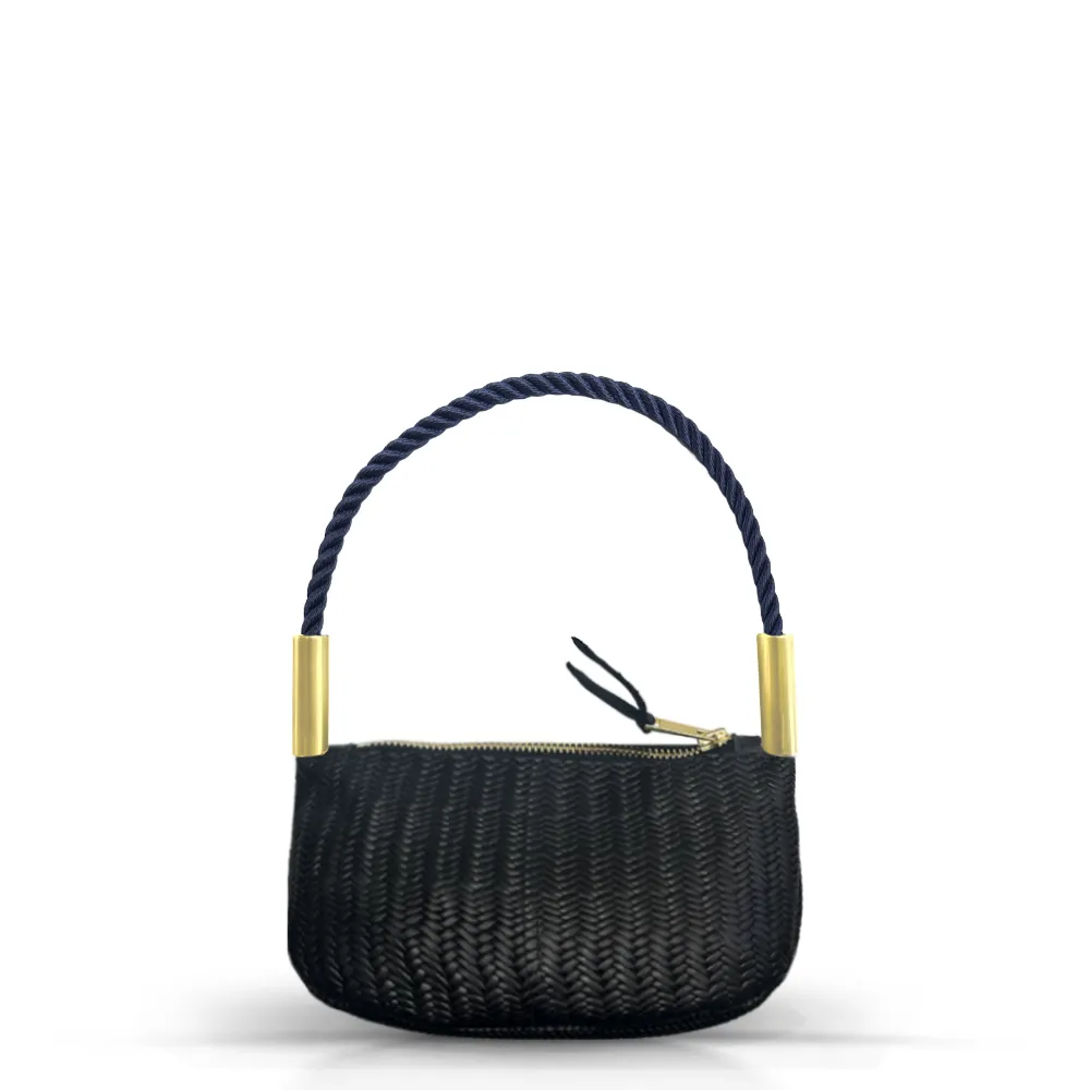 Zip Crossbody in Black Basketweave Leather