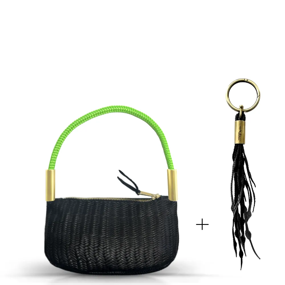 Zip Crossbody in Black Basketweave Leather