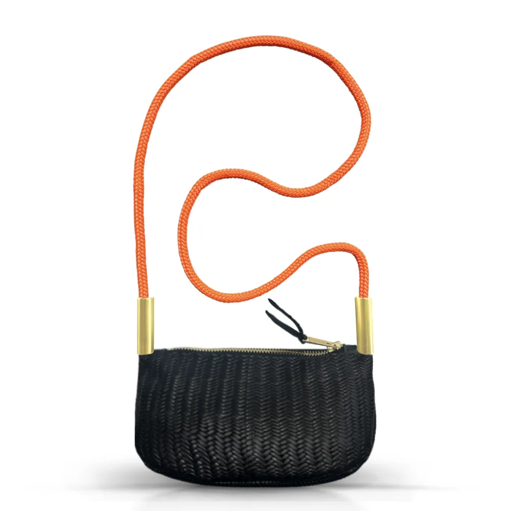 Zip Crossbody in Black Basketweave Leather