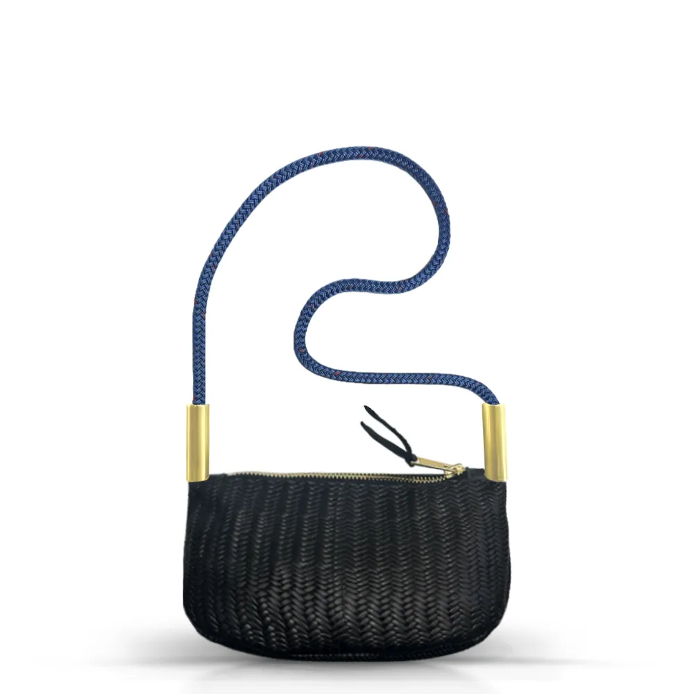 Zip Crossbody in Black Basketweave Leather