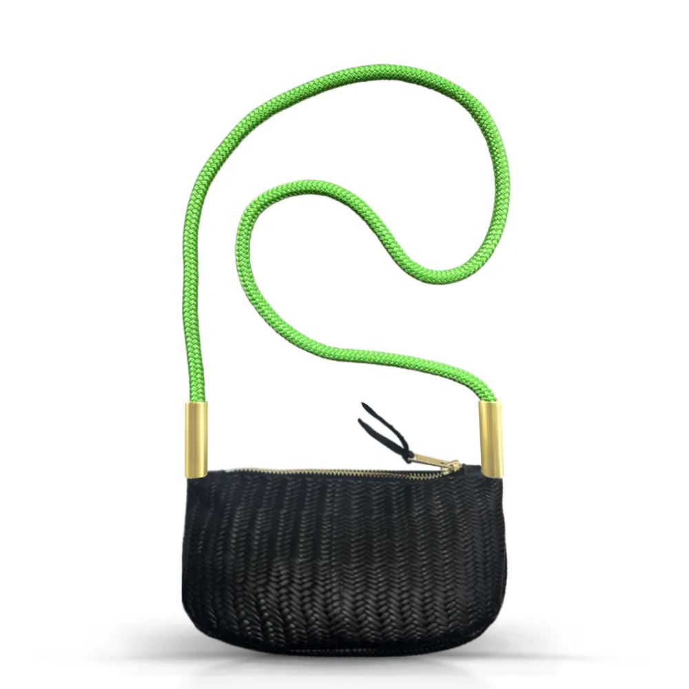 Zip Crossbody in Black Basketweave Leather