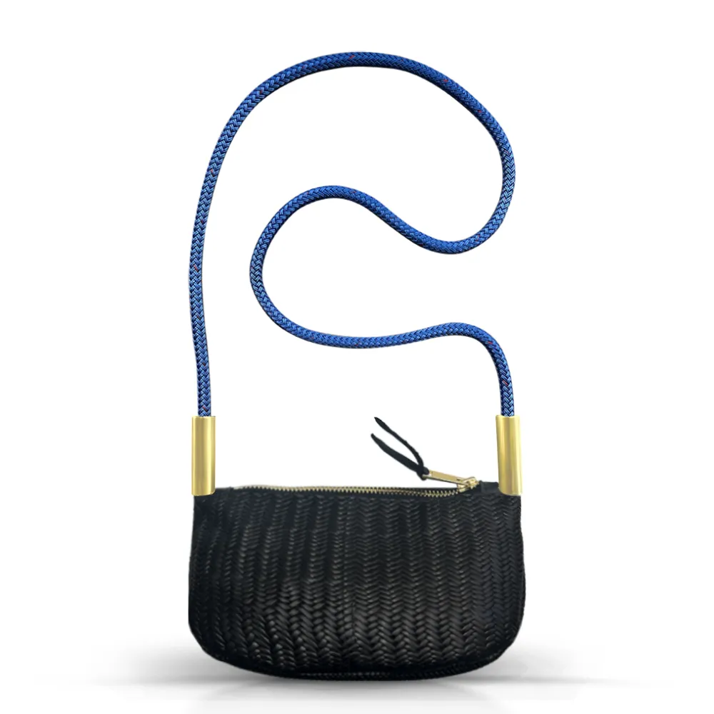 Zip Crossbody in Black Basketweave Leather