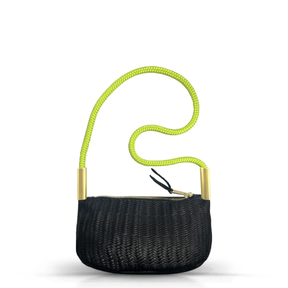 Zip Crossbody in Black Basketweave Leather