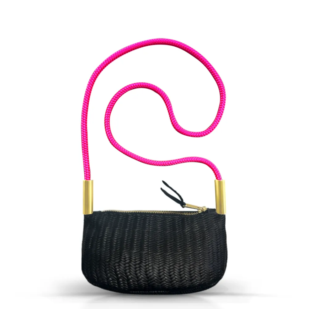 Zip Crossbody in Black Basketweave Leather