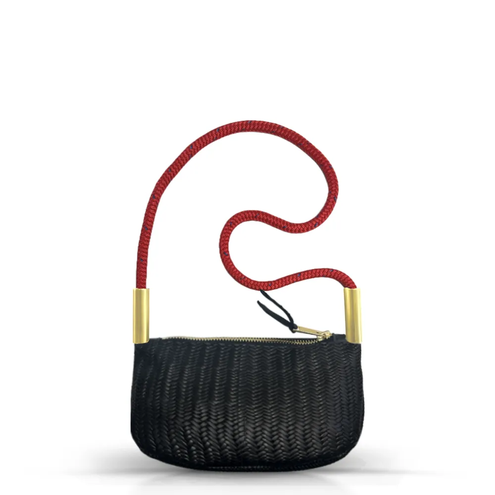 Zip Crossbody in Black Basketweave Leather