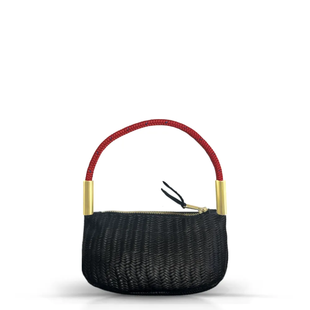 Zip Crossbody in Black Basketweave Leather