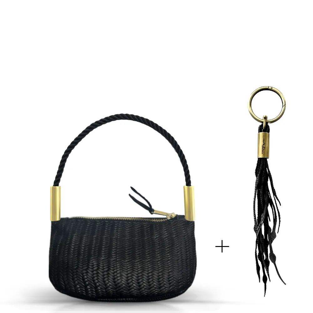 Zip Crossbody in Black Basketweave Leather