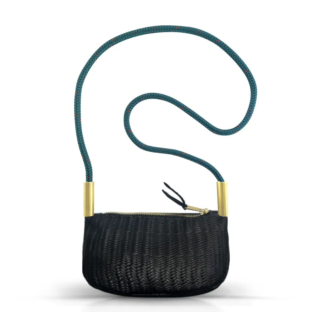 Zip Crossbody in Black Basketweave Leather