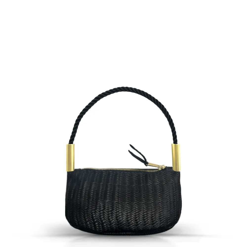 Zip Crossbody in Black Basketweave Leather